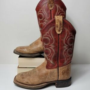 Old West Red/Tan Youth Boys Leather Cowboy Boots